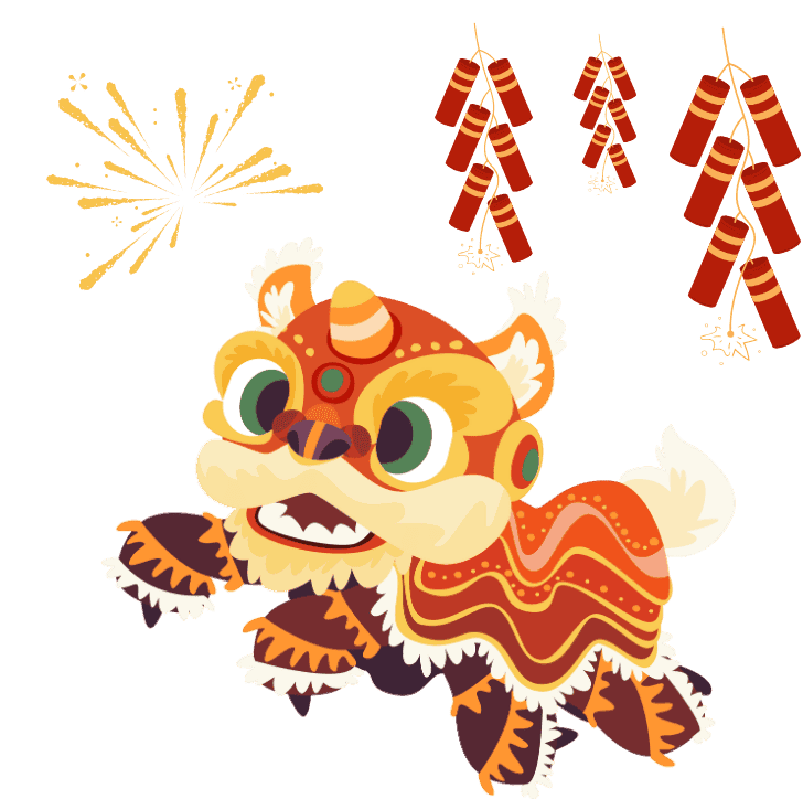 Dancing lion with fireworks