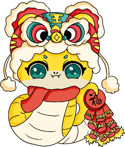 A cute snake wearing Chinese style lion outfit on the left